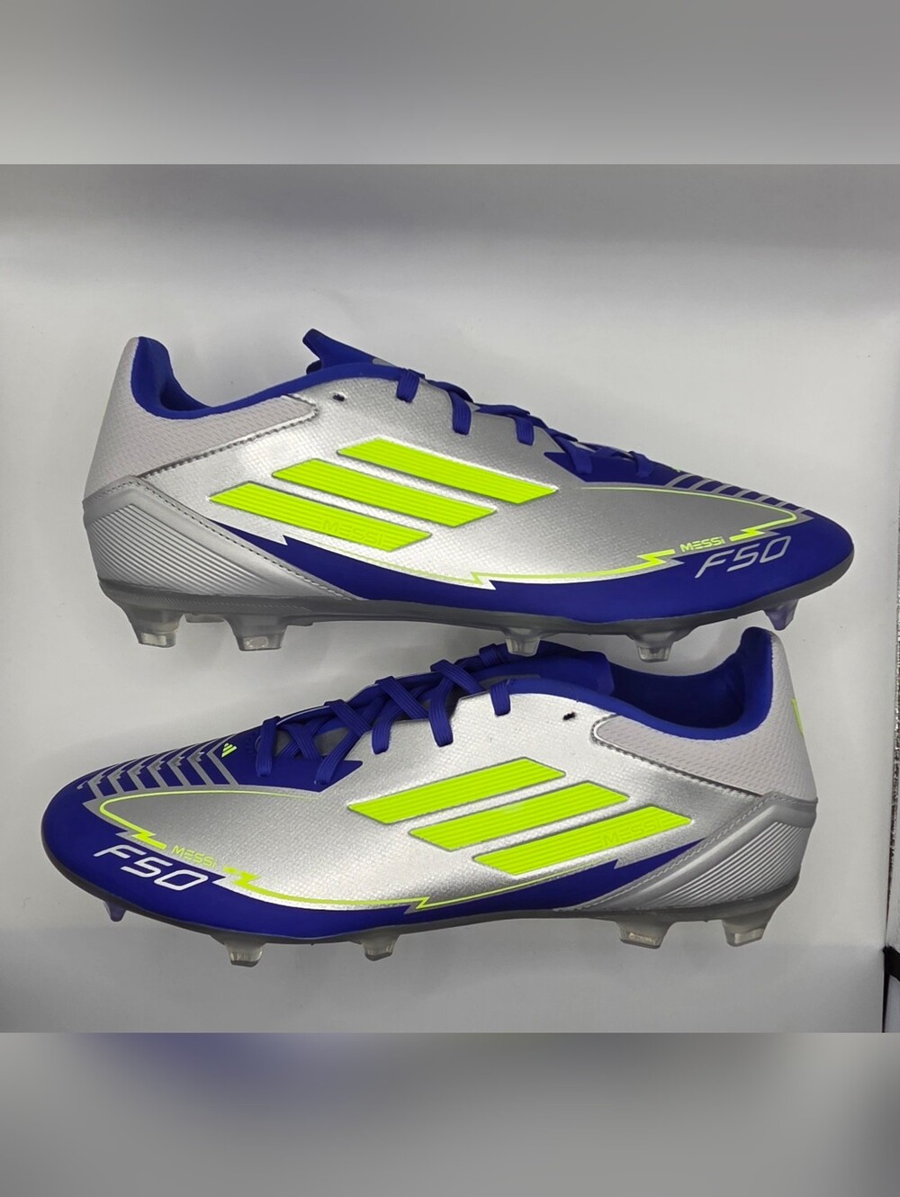 Adidas F50 League FG/MG Messi Soccer Cleats Box - Silver/Yellow/Blue